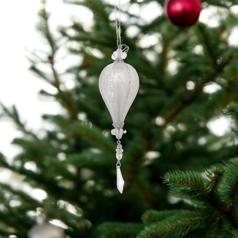 Silver Glitter Teardrop Christmas Ornament 9” Beaded Holiday Tree Decor